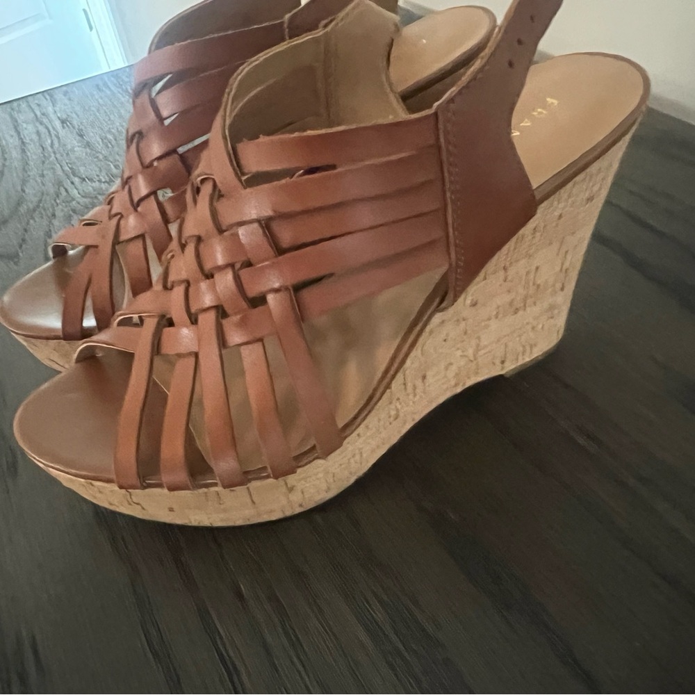 Franco Sarto Tan Woven Wedge Sandals